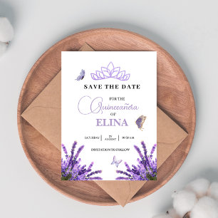 Quinceañera Lilac Floral Crown Tiara & Butterflieg Save The Date