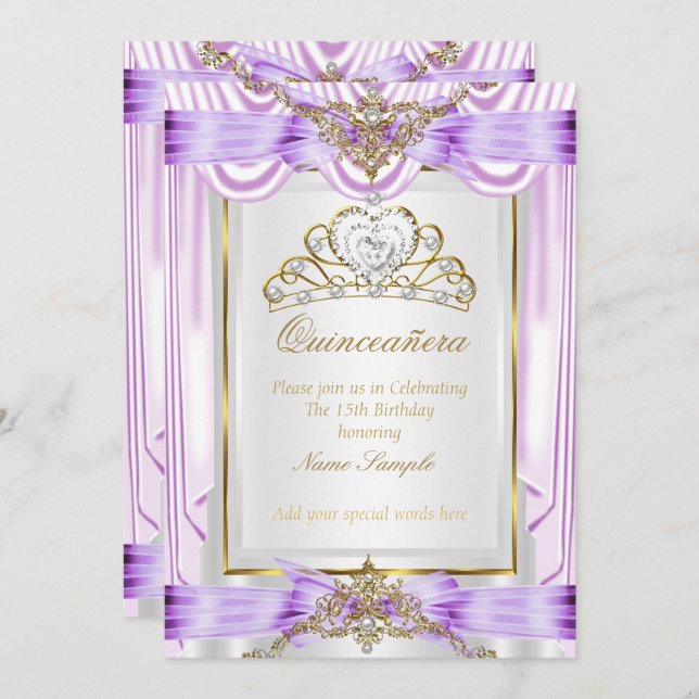 Quinceanera Lilac Lavender Lila Gold White Einladung (Vorne/Hinten)