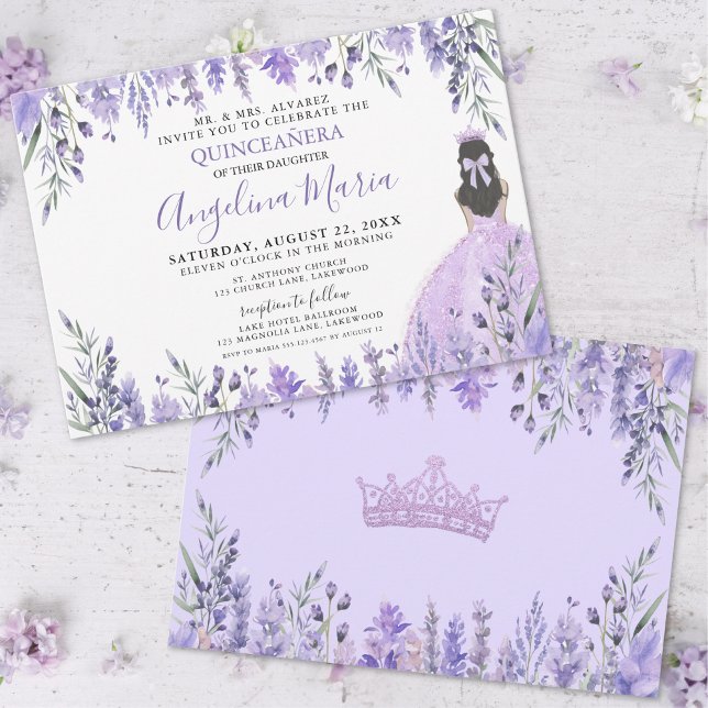 Quinceañera Lilac Lila Blumenprinzessin Einladung (Quinceañera Lilac Purple Floral Princess Invitation )