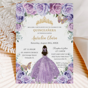 Quinceañera Lilac Lila Floral Gold Schmetterlinge Einladung