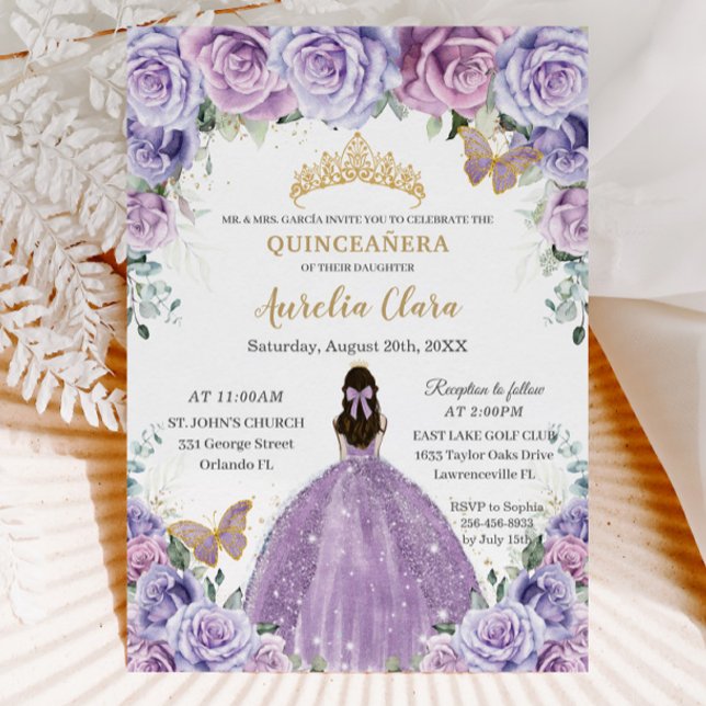 Quinceañera Lilac Lila Floral Gold Schmetterlinge Einladung (Von Creator hochgeladen)