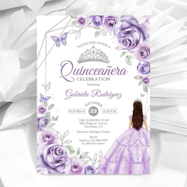 Quinceanera Lilac Lila Silver Dress Floral Einladung (Von Creator hochgeladen)