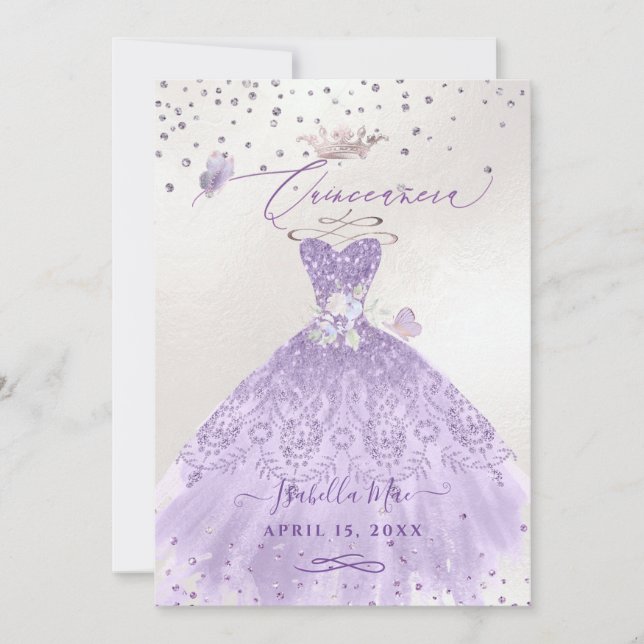 Quinceanera Lilac Lila Silver Glitzer Gown Einladung (Vorderseite)