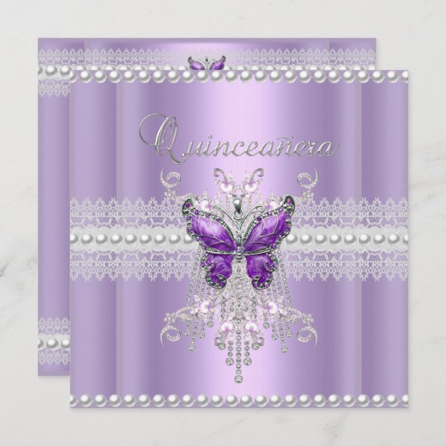 Quinceanera Lilac Pink Pearl Lace Butterfly Einladung (Vorne/Hinten)