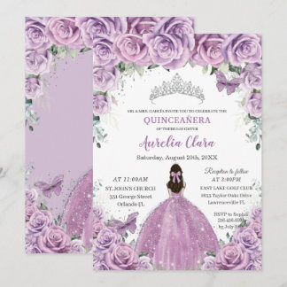 Quinceañera Lilac Purple Blumen Schmetterlinge Kro Einladung