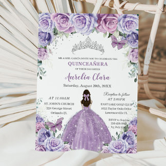 Quinceañera Lilac Purple Blumen Schmetterlinge Kro Einladung