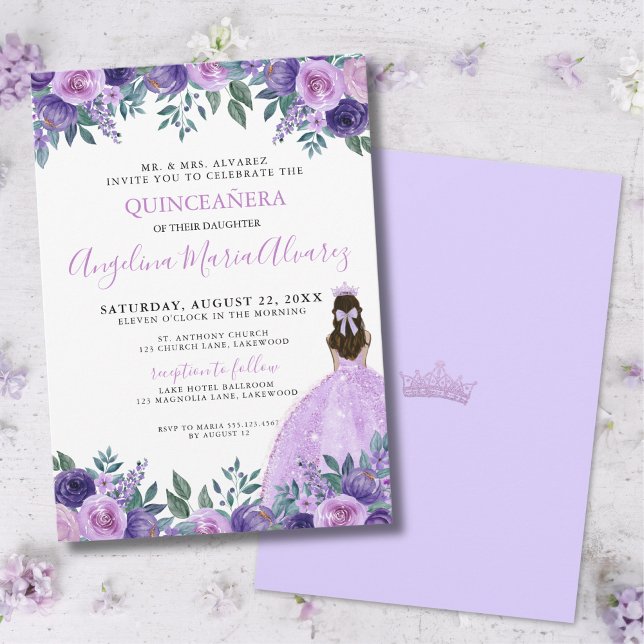 Quinceañera Lilac Purple Flowers Krone Einladung (Quinceañera Lilac Purple Flowers Crown Invitation)