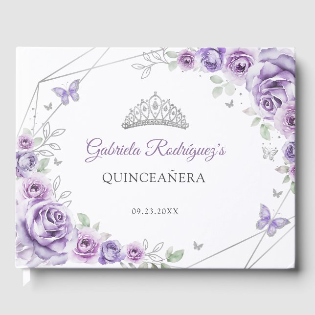 Quinceanera Lilac Purple Silver Floral Details Gästebuch (Vorderseite)