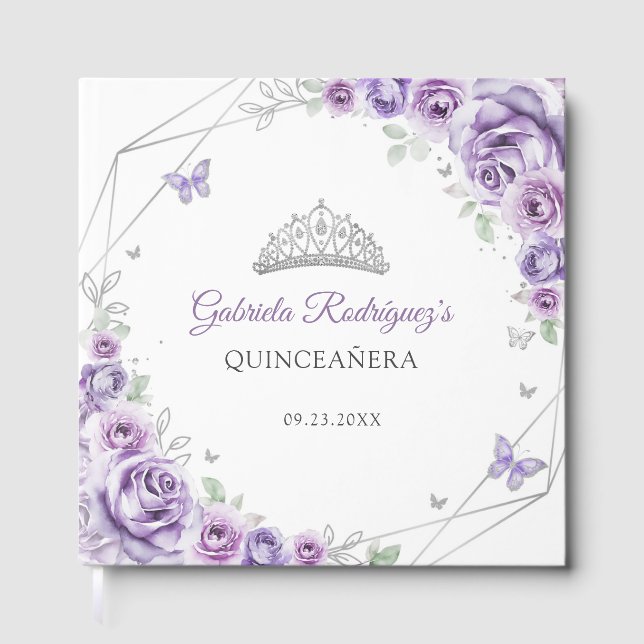 Quinceanera Lilac Purple Silver Floral Gästebuch (Vorderseite)