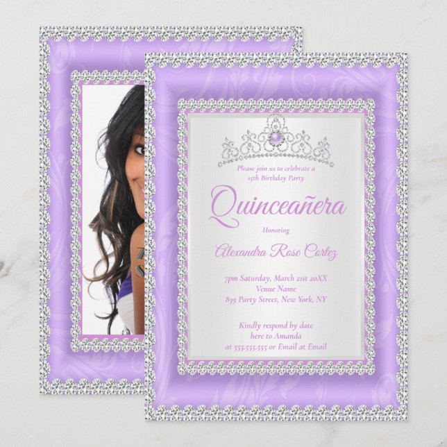 Quinceanera Lilac Tiara Foto Geburtstagsfeier Einladung (Vorne/Hinten)