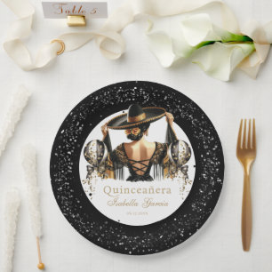 Quinceañera Luxus Black Gold Personalisiert Pappteller