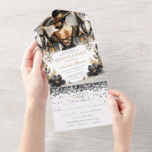 Quinceañera Luxus Schwarz Gold Mexikanischer Stil  All In One Einladung