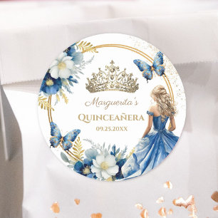 Quinceañera Mädchen Blau Blumen Gold Tiara Schmett Runder Aufkleber