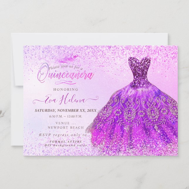 Quinceañera, Magenta Glitzer Dress Einladung (Vorderseite)