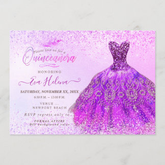 Quinceañera, Magenta Glitzer Dress Einladung