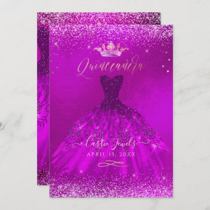 Quinceanera Magenta Gold Confetti+Princess Einladung