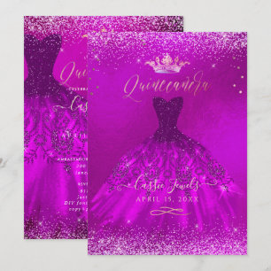 Quinceanera Magenta Gold Konfetti+Prinzessin Einladung