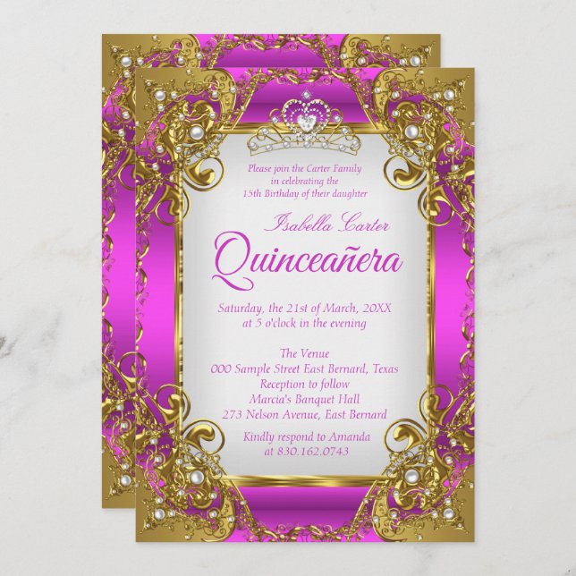 Quinceanera Magenta Golden Pearl Tiara Party Einladung (Vorne/Hinten)