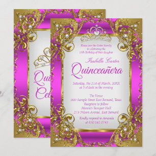 Quinceanera Magenta Goldene Perlen Tiara Party Einladung