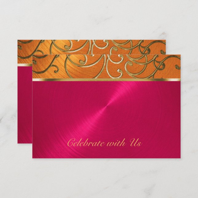 Quinceanera Magenta Pink Orange Gold Filigree Einladung (Vorne/Hinten)