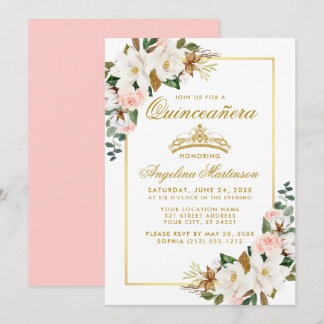 Quinceanera Magnolia Roses Roses Floral Gold Einladung