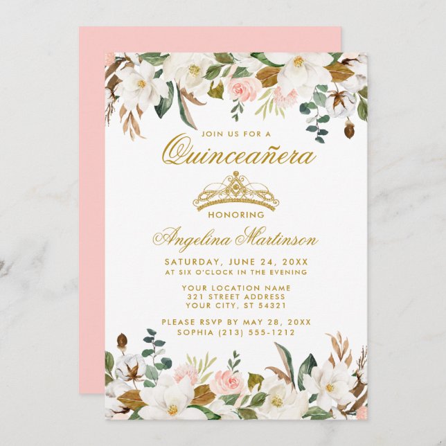 Quinceanera Magnolias Pink Roses Floral Einladung (Vorne/Hinten)