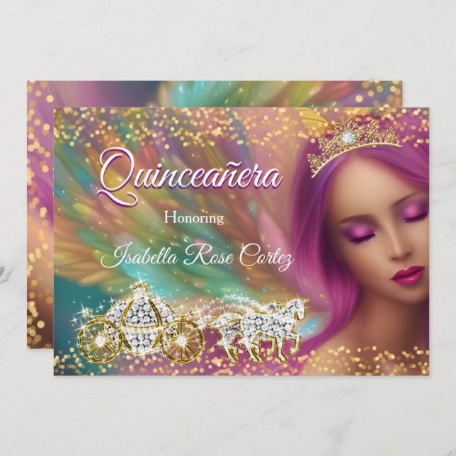 Quinceañera Mairytale Lila Pink Gold Carriage Einladung (Vorne/Hinten)