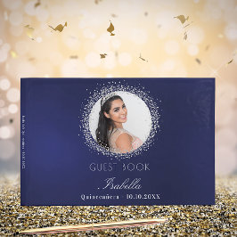 Quinceanera Marine blaues silbernes Foto glamourös Gästebuch