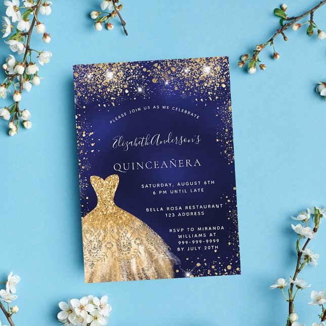 Quinceanera Marineblau Goldkleid glamourös Einladung (Von Creator hochgeladen)