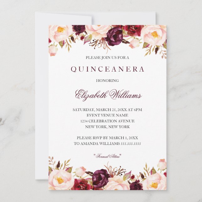 Quinceanera Marsala Floral Red Burgundy 15. Einladung (Vorderseite)