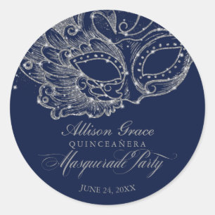 Quinceanera-Maskenball-Party Silber Blau Runder Aufkleber