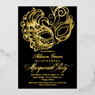 Quinceanera-Maskenball Schwarz Gold Folieneinladung