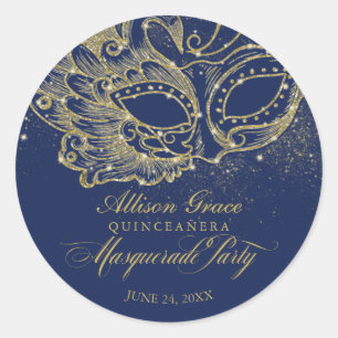 Quinceanera-Maskenparty Gold Blau Runder Aufkleber