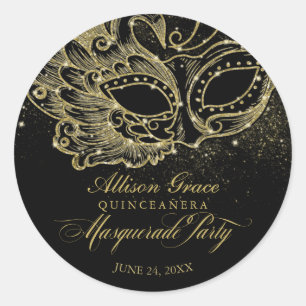 Quinceanera-Maskenparty Gold Schwarz Runder Aufkleber