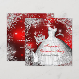 Quinceanera Maskerade Rot Weiße Schneeflocken 2 Einladung