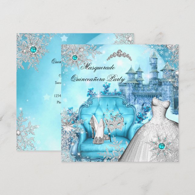 Quinceanera Masquerade Magische Prinzessin Blau Aq Einladung (Vorne/Hinten)