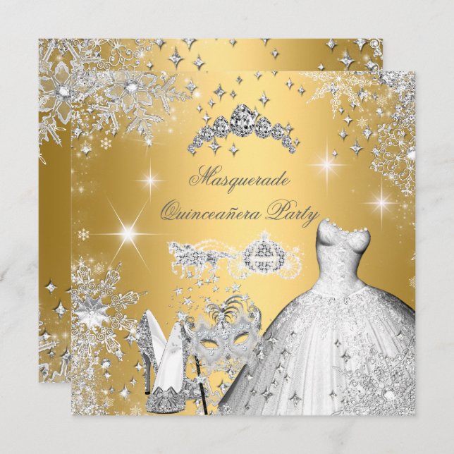 Quinceanera Masquerade Magische Prinzessin Gold Einladung (Vorne/Hinten)