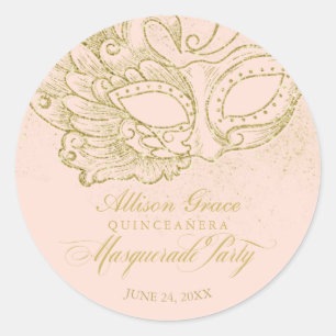 Quinceanera Masquerade Party Gold Pink Runder Aufkleber