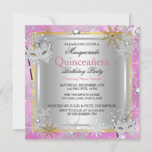 Quinceanera Masquerade Pink Gold Schneeflocken Sil Einladung