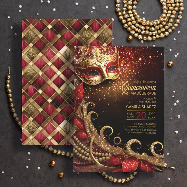 Quinceanera Masquerade Red Gold ID1031 Einladung (Von Creator hochgeladen)