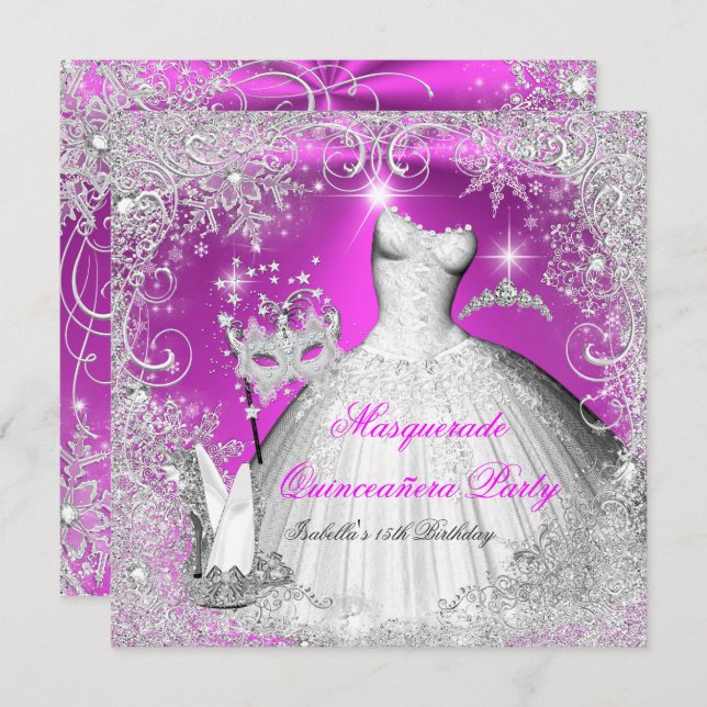 Quinceanera Masquerade Rosa Schneeflocken Einladung (Vorne/Hinten)