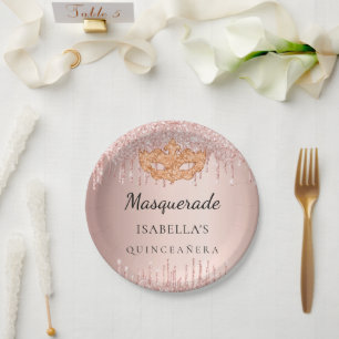 Quinceanera Masquerade Rose Gold Glitzer Party Pappteller