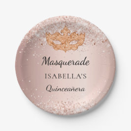 Quinceanera Masquerade Rose Gold Glitzer Party Pappteller