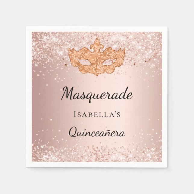 Quinceanera Masquerade Rose Gold Party Serviette (Vorderseite)