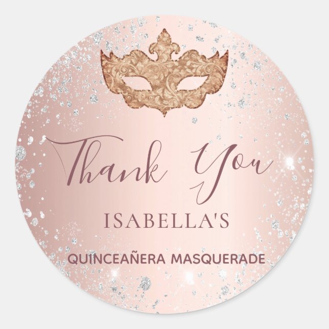 Quinceanera masquerade Rose gold silber Vielen Dan Runder Aufkleber (Vorderseite)