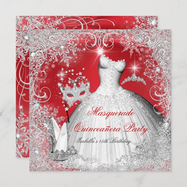 Quinceanera Masquerade Rote weiße Schneeflocken Einladung (Vorne/Hinten)