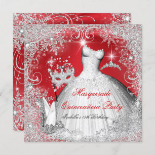 Quinceanera Masquerade Rote weiße Schneeflocken Einladung