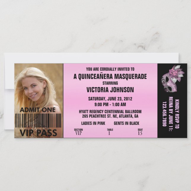 Quinceañera Masquerade VIP Eintrittskarte Einladung (Vorderseite)