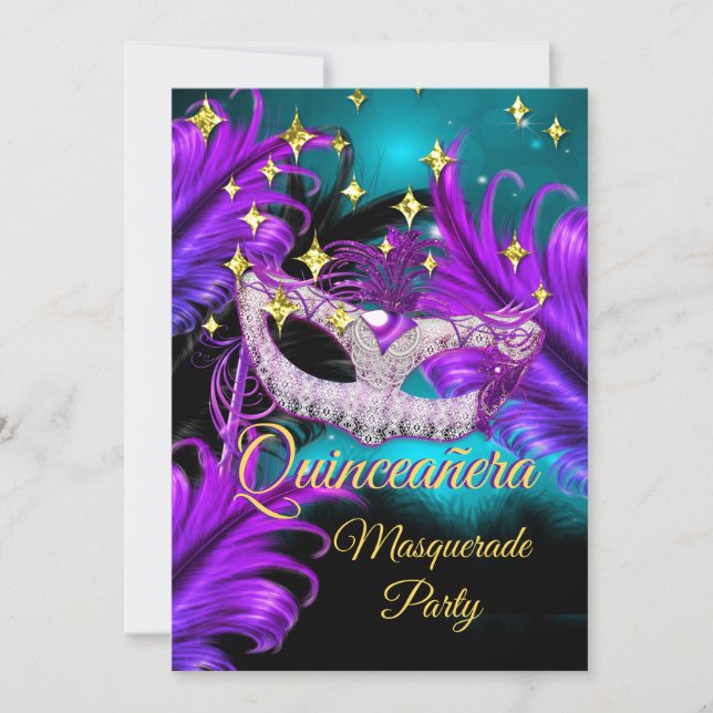 Quinceanera Masquerage Masquerade Aquamarin Lila s Einladung (Vorderseite)