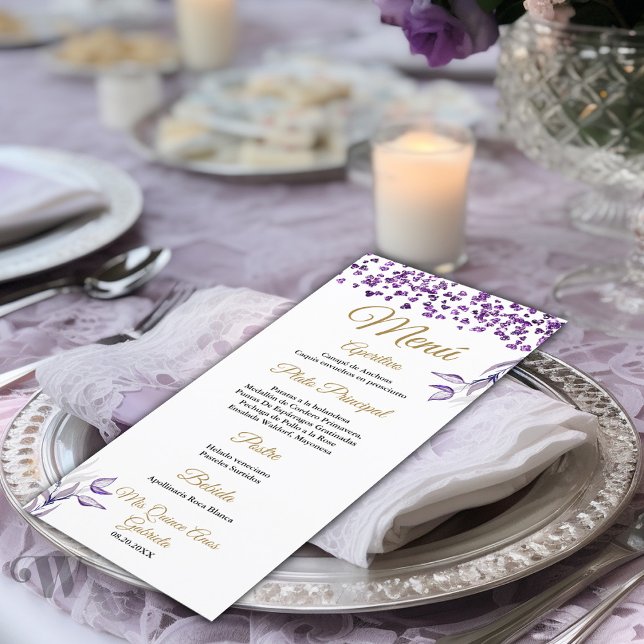 Quinceañera Menú de cena de follaje morado español Menükarte (Von Creator hochgeladen)